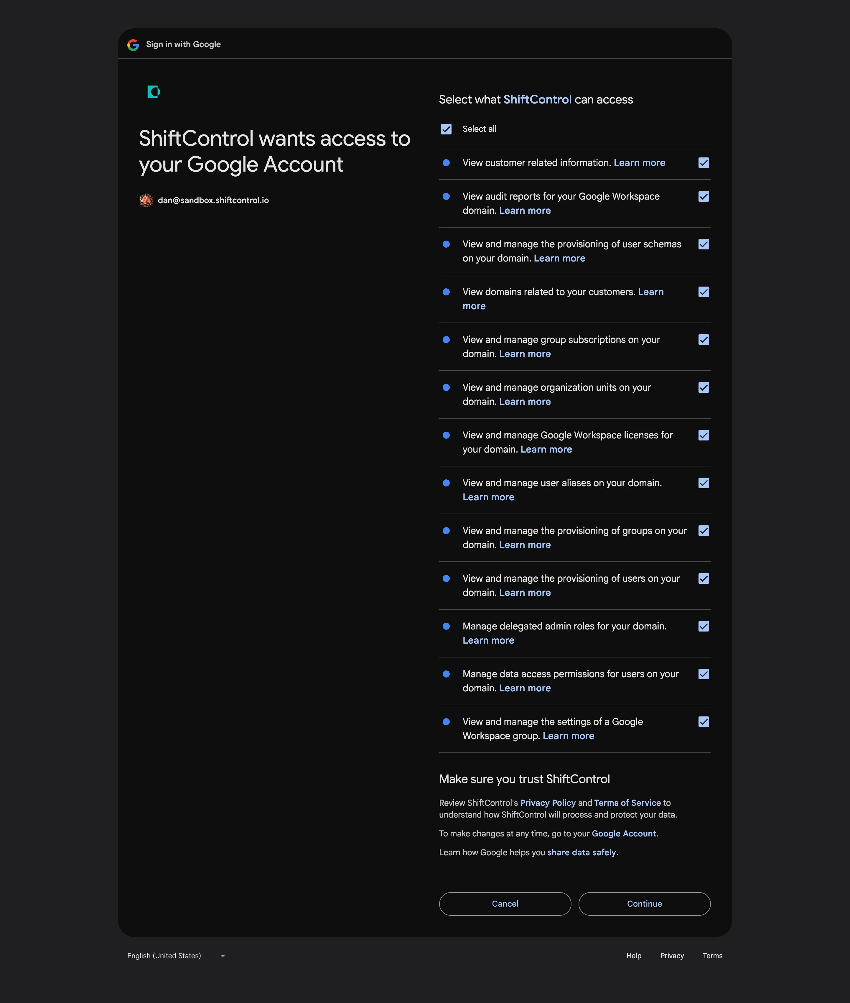 Google permissions screen for a new authorization, showing the 'Select what ShiftControl can access' list with permissions all checked